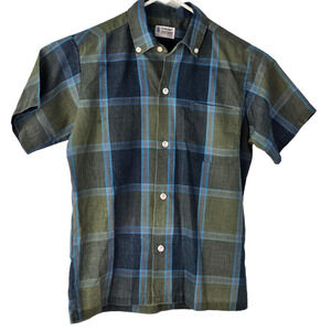 VTG 70s Towncraft blue green gray plaid short sleeve button down shirt Youth 12
